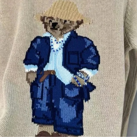 NWOT Polo Ralph Lauren Bear Rolled Neck Tan Cotton Sweater Size US XL - Picture 3 of 6